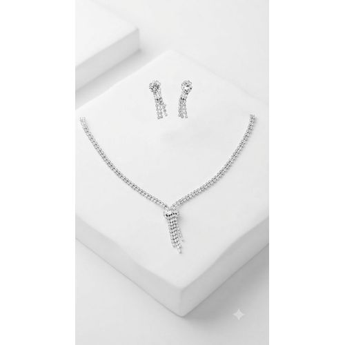 Platinum-Plated Delicate Floral Cluster Rhinestone Necklace and Earrings Set