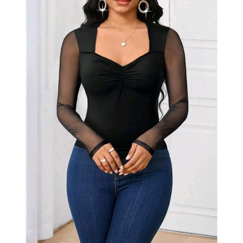 Black Mesh Patchwork Long Sleeve Fitted Women T-Shirt Long Sleeve Mesh Top Black Top
