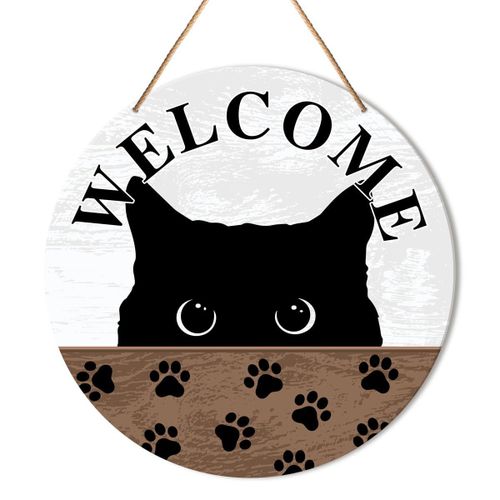 Black Cat Welcome Sign Front Door Decor Welcome Round Wood Hanging Sign Decor Farmhouse Wall Sign Decorations for Door Porch Home Housewarming Gift for New House Cat Lover Cat Mom Dad Owner