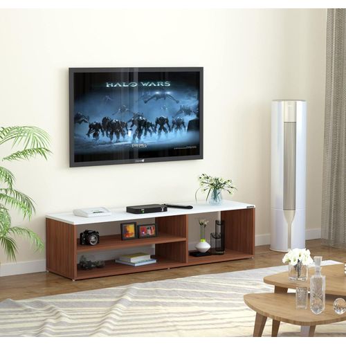 Wood TV Entertainment Unit, a stylish TV Stand and Display Storage Cabinet for TVs up to 132.1 cm, presented in a rich - Brown x White