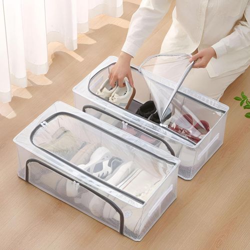 Multi-Use Box - Foldable Canvas Shoe Container with Clear Zippered Lid, Durable Organizer for Sneakers and High Heels, Effectively Save Closet Space, Stylish Gray Design, Dimensions 60x30x21cm, (2)
