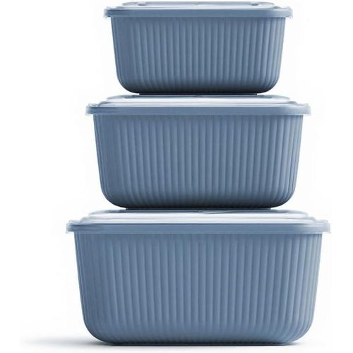 3 Pcs Rectangular Food Storage Container Set with Snap Lids – Line Series BPA-Free Airtight Bowls (600 ml, 1100 ml, 1800 ml) Microwave-Safe Bowl only without the lid (Blue)