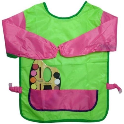 Kids Waterproof Long Sleeve Painting Smock Apron with 2 Front Pockets for Ages 3 to 12 + Watercolor Palette - Neon & Pink