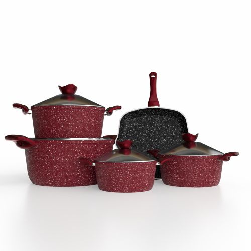 Terenova Super Red Granite Cookware Set, 9 Pieces – 4 mm – Pots 18/20/24/28 cm + 28 cm Fry Pan