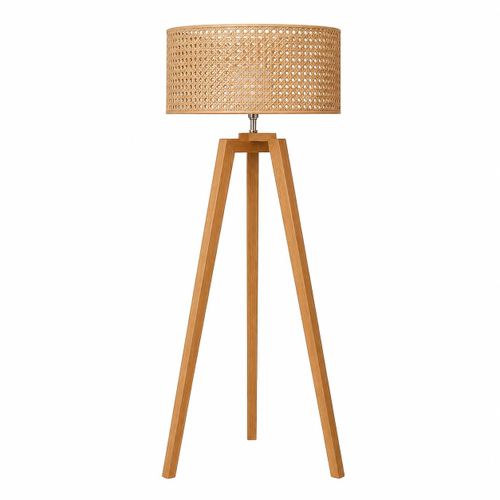 Wooden Tripod Floor Lamp with Cane Lampshade, Natural Wood, 180 cm Height, 40 cm Diameter, 20 cm Shade Height – Mishkah Light