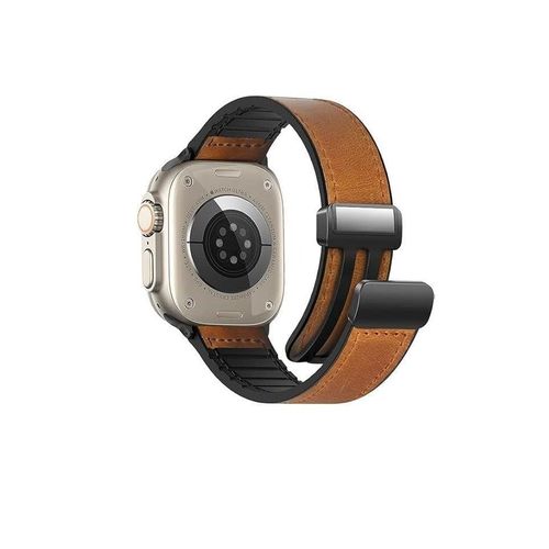 Leather Band Compatible with Apple Watch Ultra 49mm 45mm 44mm 42mm Genuine Leather Magnetic Clasp Strap for iWatch Ultra SE 2 Series 8 7 6 5 4 3 2 1 Men Women Brown
