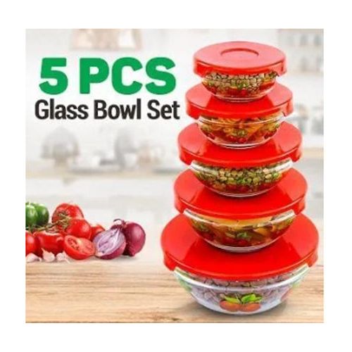 Glass Bowl Set With Plastic Lids Food Storage Serving - 5 Pcs