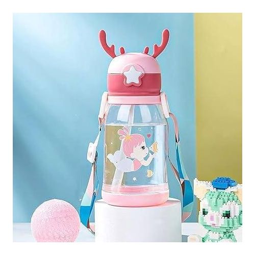 Kids Acrylic Water Bottle, 500ml, Antler Lid Design with Cartoon Characters, Straw Drinking Container (Pink)