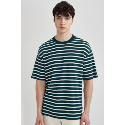 Boxy Fit Crew Neck Striped Short Sleeve Heavy Fabric T-Shirt