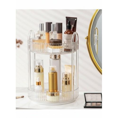 TANGBLIB 360 Degree Rotating Makeup Organizer with Acrylic Columns â€“ 2 Tier Large Capacity Skincare & Cosmetic Storage Organizer, Rotating Perfume Organizer for Vanity Table, Bathroom Counter & Makeup Cabinet, Elegant Design, Transparent