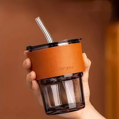 كوب زجاجي مع غلاف جلد أنيق وقشة زجاجية - رمادي