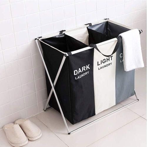 3-Compartment Foldable Laundry Basket with Aluminum Frame – Waterproof Oxford Fabric Hamper for Light, Dark & Colorful Clothes – Laundry Sorter for Home, Dorm, Bathroom, Bedroom – Large Capacity with Handles