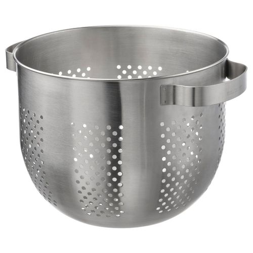 Colander A silver stainless steel colander with two handles. It has circular holes for draining and is designed for food preparation.