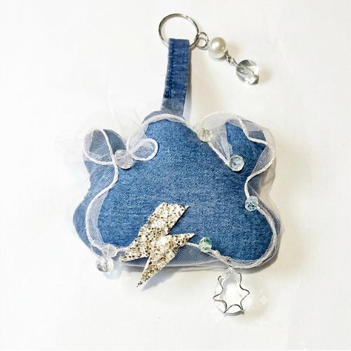 Handmade Large Cloud Bag Accessory Keychain Pendant - Jeans & Crystals
