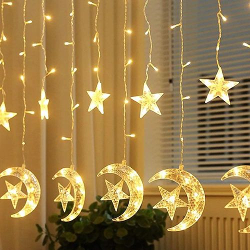 Curtain light strip consisting of 138 LED lights for hanging with decorative crescent and star designs (warm white color, 3 meters, 2 plugs) ideal as gifts and holiday decorations