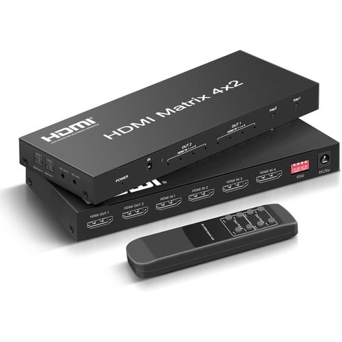 4x2 HDMI Matrix Switch,4 in 2 Out Matrix HDMI Video Switcher Splitter +Optical & L/R Audio Output,Support Ultra HD 4K,3D 1080P,Audio EDID Extractor with IR Remote Control-(EPL-485H)