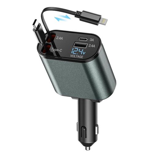 120W Retractable Car Charger, 4 in 1 Car Charger with Retractable Cables and Voltage Display, for 12V/24V Cars, Sold by (Black Fire)