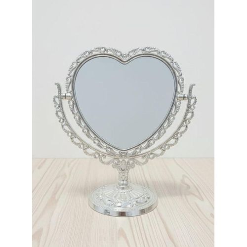 Luxury heart-shaped tabletop mirror, embossed silver frame, decorative plastic base, rotating vanity mirror