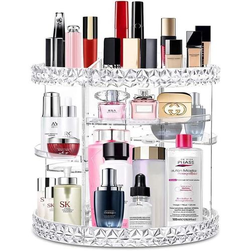 Acrylic Makeup Organiser, Cosmetic Storage and Vanity Perfume Organizer in Countertop Bathroom Dresser, 360 Rotating Makeup Holder Stand for Beauty Caddy Skincare & Clear & Diamond Pattern