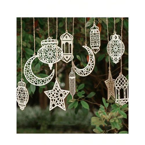 Eid Mubarak Wooden Decoration Set: Ramadan Home Decor, 12 Piece