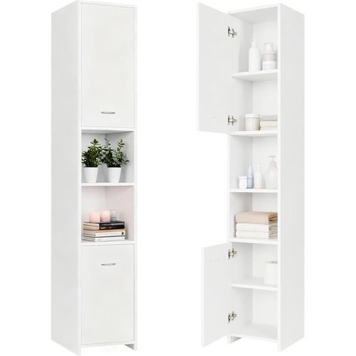 Deuba Tall Bathroom Cupboard w/Shelves 6 Compartments 2 Doors Magnetic Lock Narrow High Wooden Standing Storage Cabinet Unit Tallboy 180 x 30 x 30cm White