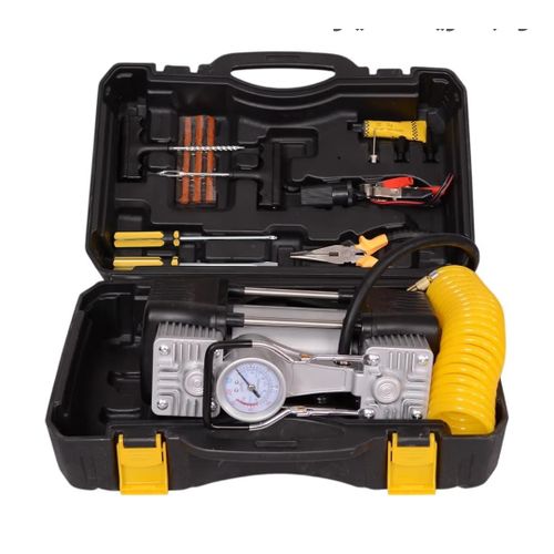 Dual 2-Piston Car Tire Inflator Air Compressor with Complete Tool Kit & Emergency LED Light – Works with 12V Car Cigarette Lighter