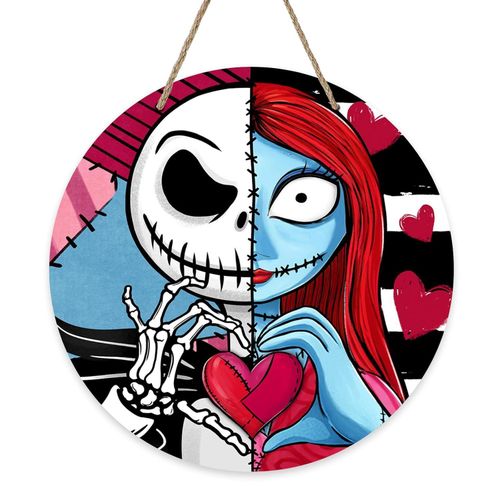 Valentines Day Jack Front Door Sign, Sally Love Heart Patch Wood Door Hanger Outdoor Outside Porch Decor, Anniversary Wedding Wooden Wreath Indoor Wall Hanging Decoration