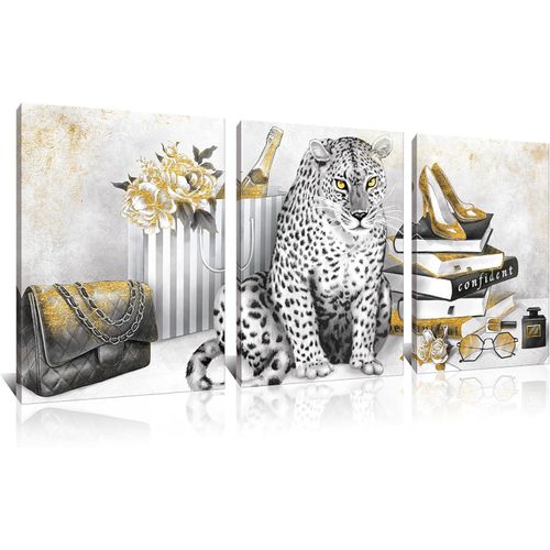 Kalormore Glam Fahion Pictures Gift for Women Bedroom Black and White Leopard with Books High Heel Shoes Perfume Canvas Prints Wall Art Decor Bathroom Decoration Ready to Hang