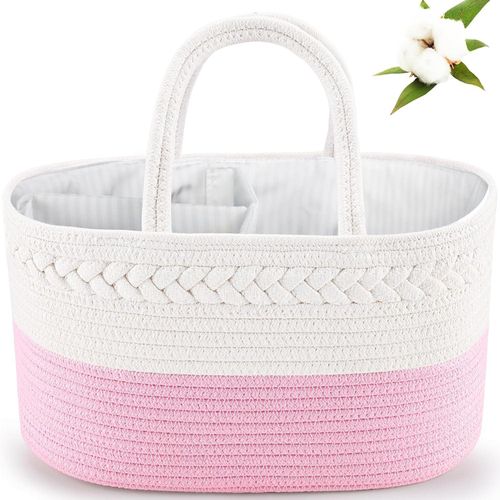 ABenkle Baby Diaper Caddy, Nursery Storage Bin and Car Organizer for Diapers and Baby Wipes, Cotton Rope Diaper Basket Caddy, Changing Table Diaper Storage Caddy Baby Gift Baskets -Bright Pink