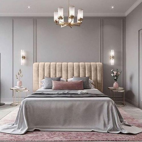 Modern Upholstered Bed (160 cm) – Premium Velvet Beige Bed Frame with Muski Wood Slats