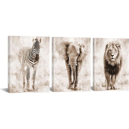 Saypeacher 3 Pieces Vintage Animals Canvas Wall Art Abstract Zebra Elephant Lion Picture Prints for Bedroom Office Home Decor Stretched and Framed Ready to Hang 12x16inchx3pcs