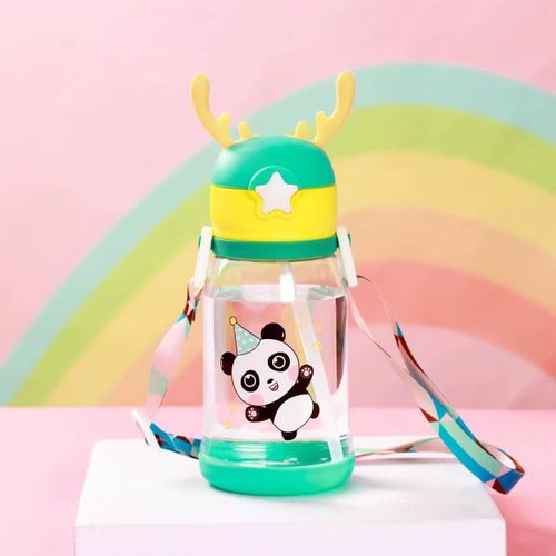 Kids Acrylic Water Bottle, 500ml, Antler Lid Design with Cartoon Characters, Straw Drinking Container (Green)