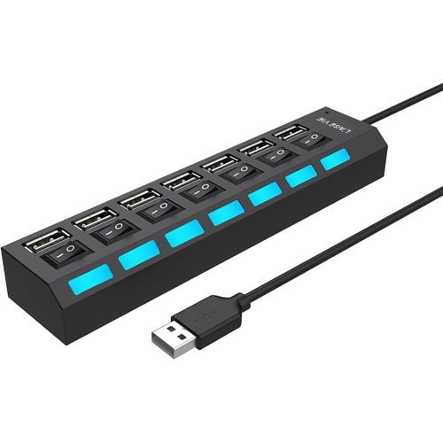 Multi Port USB Splitter, 7 Port USB 2.0 Hub, USB A Port Data Hub with Independent On-Off Switch and LED Indicators, Lights for Laptop, PC, Computer, Mobile HDD, Flash Drive and More (Black 2.0)