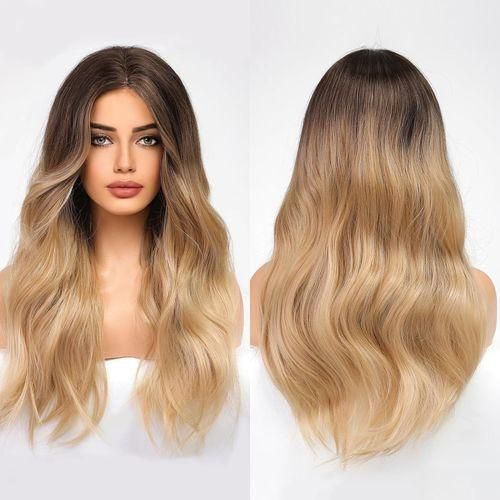 باروكة شعر، صناعي، طويل، مموج بلون بني فاتح شعر حراري