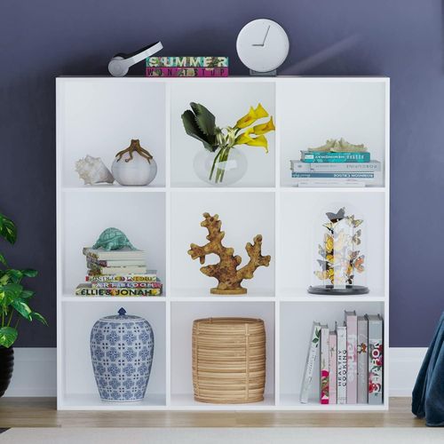9-Cube Bookcase in White, Large Storage Organizer and Shelf for Living Room, Manufactured Wood Freestanding Unit for Home and Office, Versatile Display and Organization System
