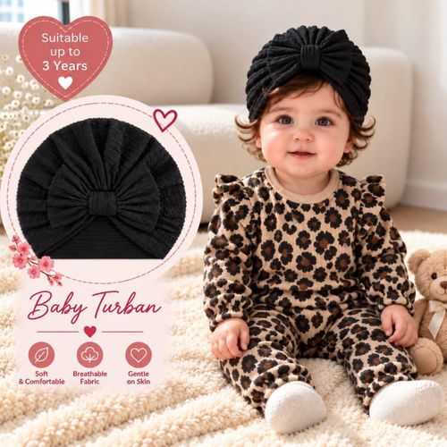 Soft cotton baby turban with a bow ultra-stretchy, comfortable, and safe for infants' delicate skin (Baby Turban & Headband Set) suitable for ages up to 3 years.