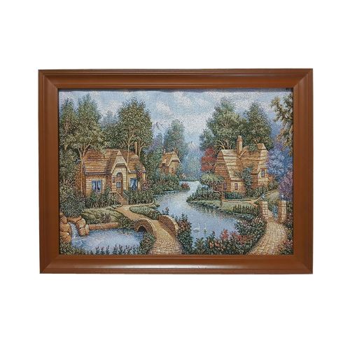 Landscape painting of swans, Gobelin tapestry, high-quality materials, natural brown wood frame, size 57 by 77 cm