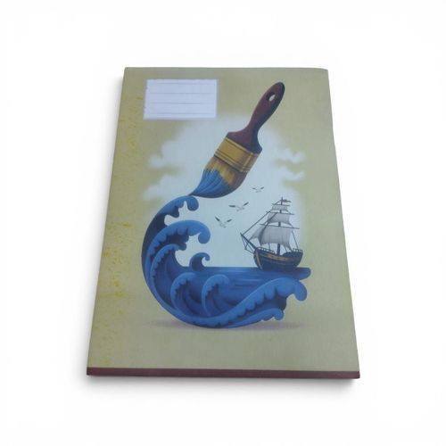 Stapled Plain and Lined School Notebook, 80 Sheets, Brush and Boat Design, Duplex Cover, 16 x 22.5 cm