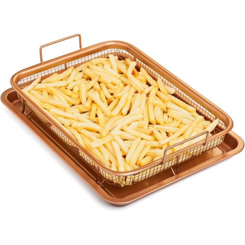 Copper Pan - Ceramic Coated Cookie Pan & Non-Stick Mesh Basket - Healthy Air Fryer Option Without Oil for Chicken, French Fries, Onion Rings and More