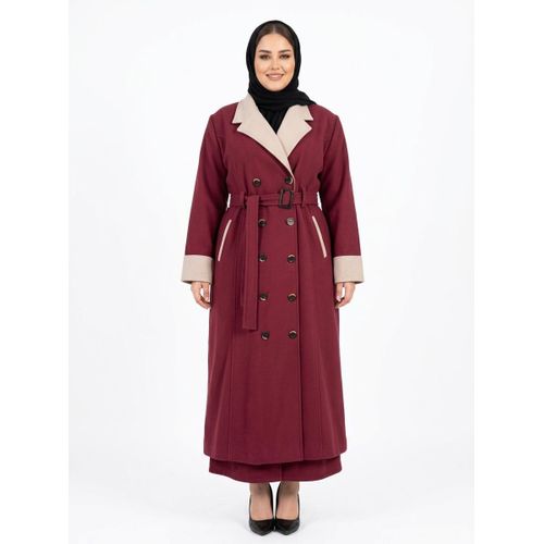 Elegant Women's Long Black Coat with Cream Accents, Perfect for Winter & Formal Occasions, Features Belted Waist & Double Collar Design