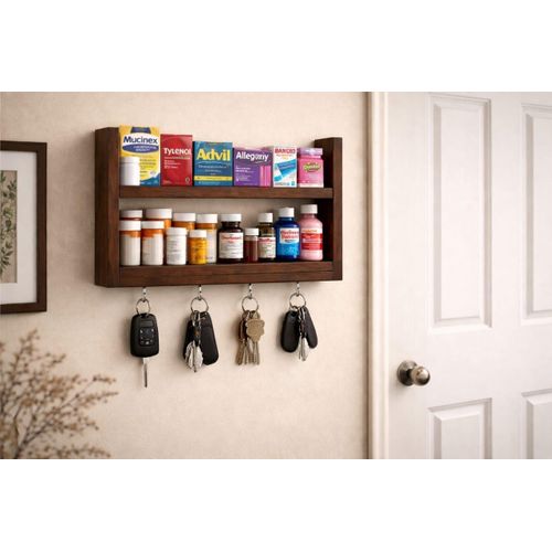 Natural Wood Multipurpose Wall Organizer Rack, with 4 Hanging Hooks, for Organizing Medicines, Spices, Personal and Household Supplies