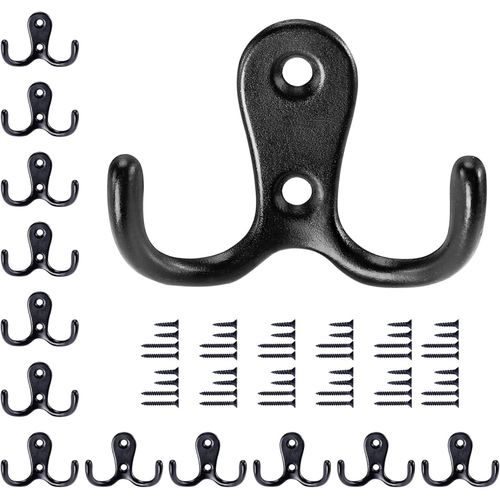 Black Vintage Coat Hooks, Pack of 12 Double Hooks with Screws, Zinc Metal Wall Hooks for Bathroom, Kitchen, Wardrobe