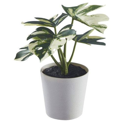 Artificial potted plant with pot White potted plant with green leaves, fake, made from recycled materials.