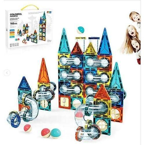 168-Piece Colorful Magnetic Tiles Marble Run Set - 3D STEM Construction Building Blocks Toy for Kids