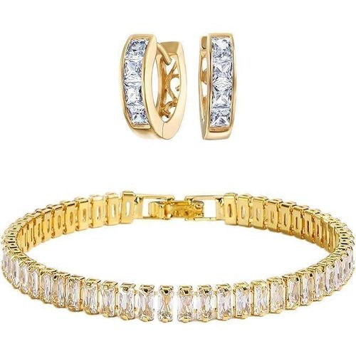 Fayruz Jewelry 18K Gold Plated Tennis Baguette Bracelet and Hoop Earrings Set for Women 7 Inches Long Birthday Gifts for Women All People (Gold)