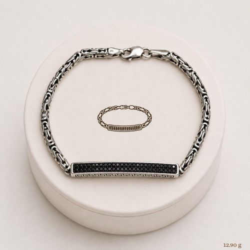 Men's 925 Sterling Silver Thai Chain Bracelet with Black Zirconia Accents