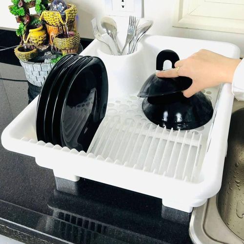 Smart Plastic Dish Drying Rack & Drainer Board - Compact Kitchen Countertop Dish Organizer with Built-in Cutlery Holder & Water Drainage - White