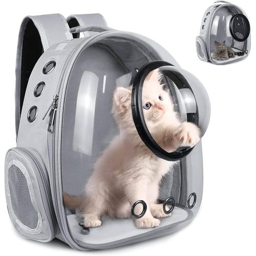 Space Capsule Pet Carrier Backpack - Clear Bubble Window with 9 Ventilation Holes and Fleece Mat - Grey
