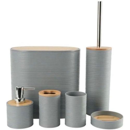 6-piece bathroom accessory setoval basket with bamboo wood lid, bath brush with base, soap dispenser, toothbrush holder, shaving tool holder, soap dish (grey)