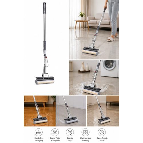 Self-Wringing Sponge Mop with PVA Roller Head – Hands-Free Floor Cleaning Mop with Extendable Metal Handle – Super Absorbent Sponge Mop for Tile, Hardwood, Marble & Laminate Floors